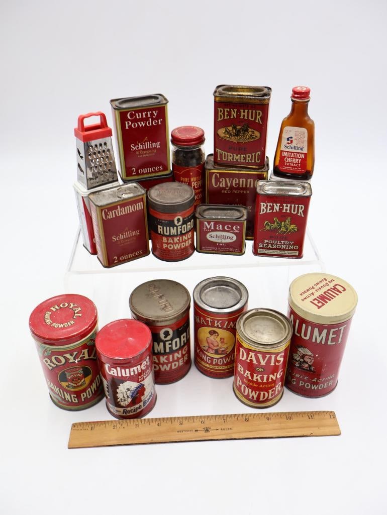 Collection of Vintage Advertising Spice and Baking Powder Tins Schilling, Calumet, Royal - 2