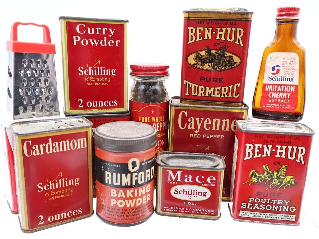 Collection of Vintage Advertising Spice and Baking Powder Tins Schilling, Calumet, Royal - 8