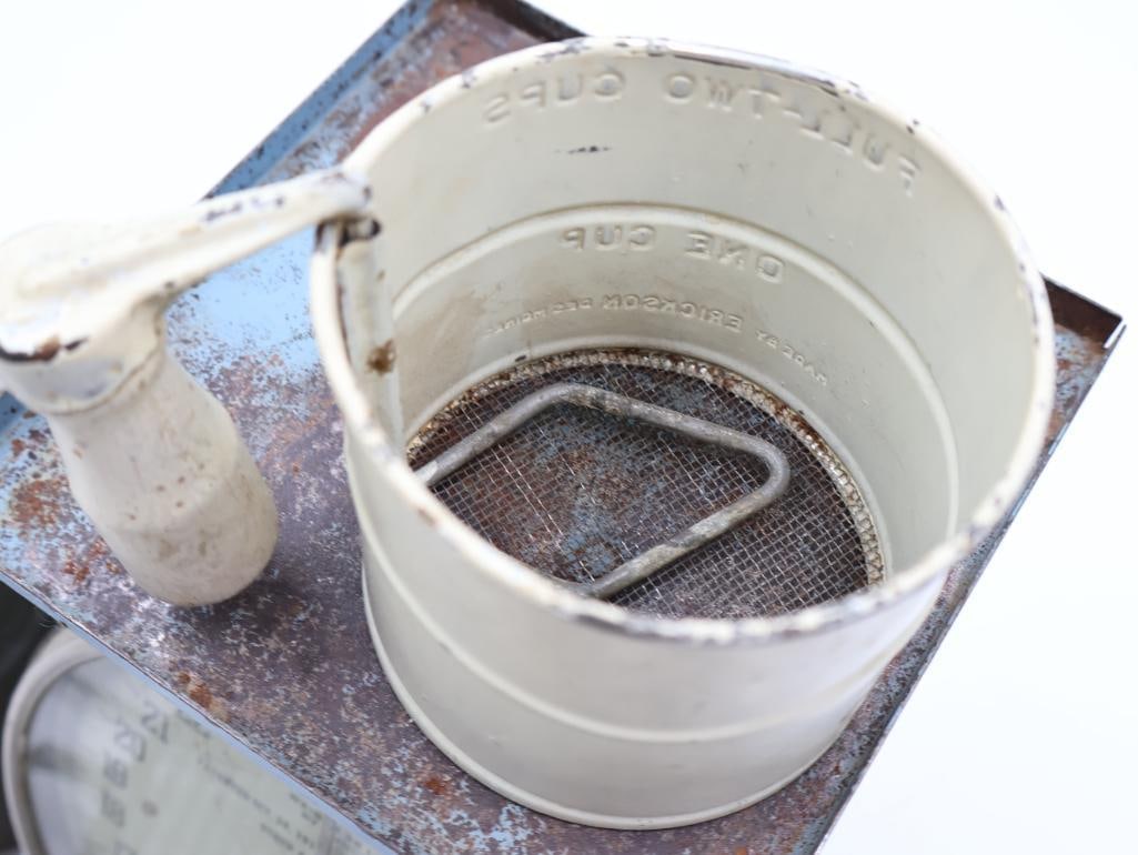 Vintage General Store Scale with Tin Funnel and Wire Kitchen Utensils - 12
