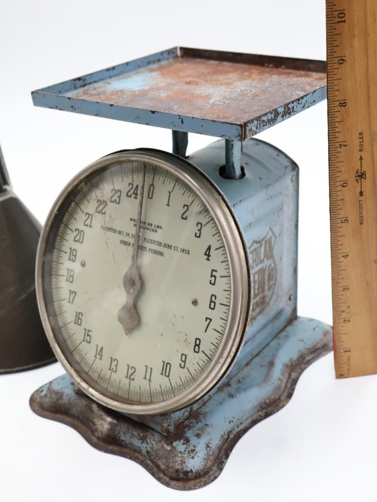 Vintage General Store Scale with Tin Funnel and Wire Kitchen Utensils - 13