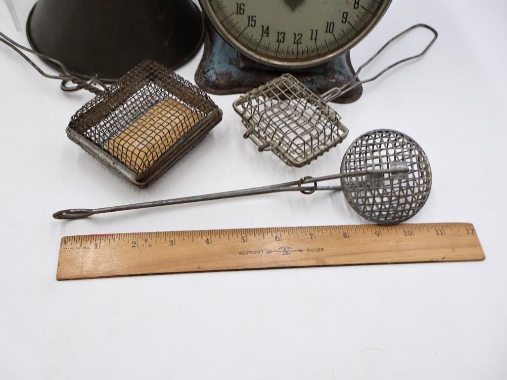 Vintage General Store Scale with Tin Funnel and Wire Kitchen Utensils - 2