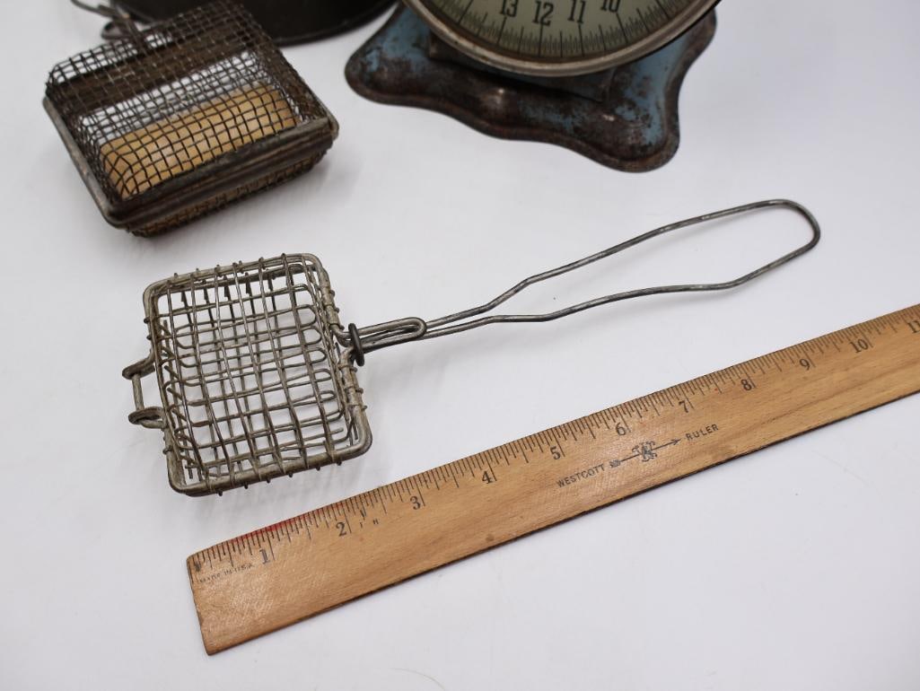 Vintage General Store Scale with Tin Funnel and Wire Kitchen Utensils - 4