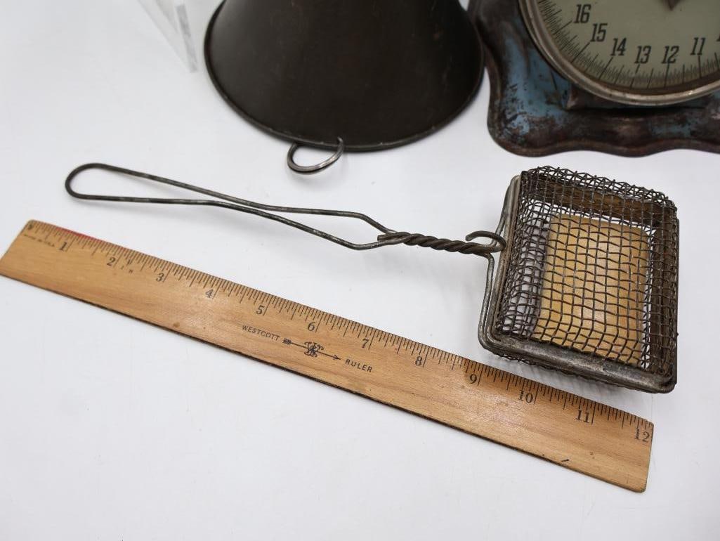 Vintage General Store Scale with Tin Funnel and Wire Kitchen Utensils - 5