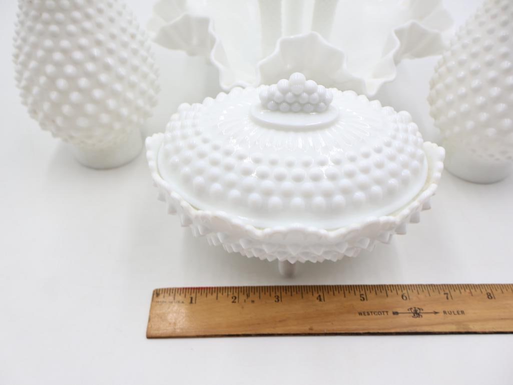 Vintage Fenton Style White Milk Glass Hobnail Epergne and Vase Collection - 2