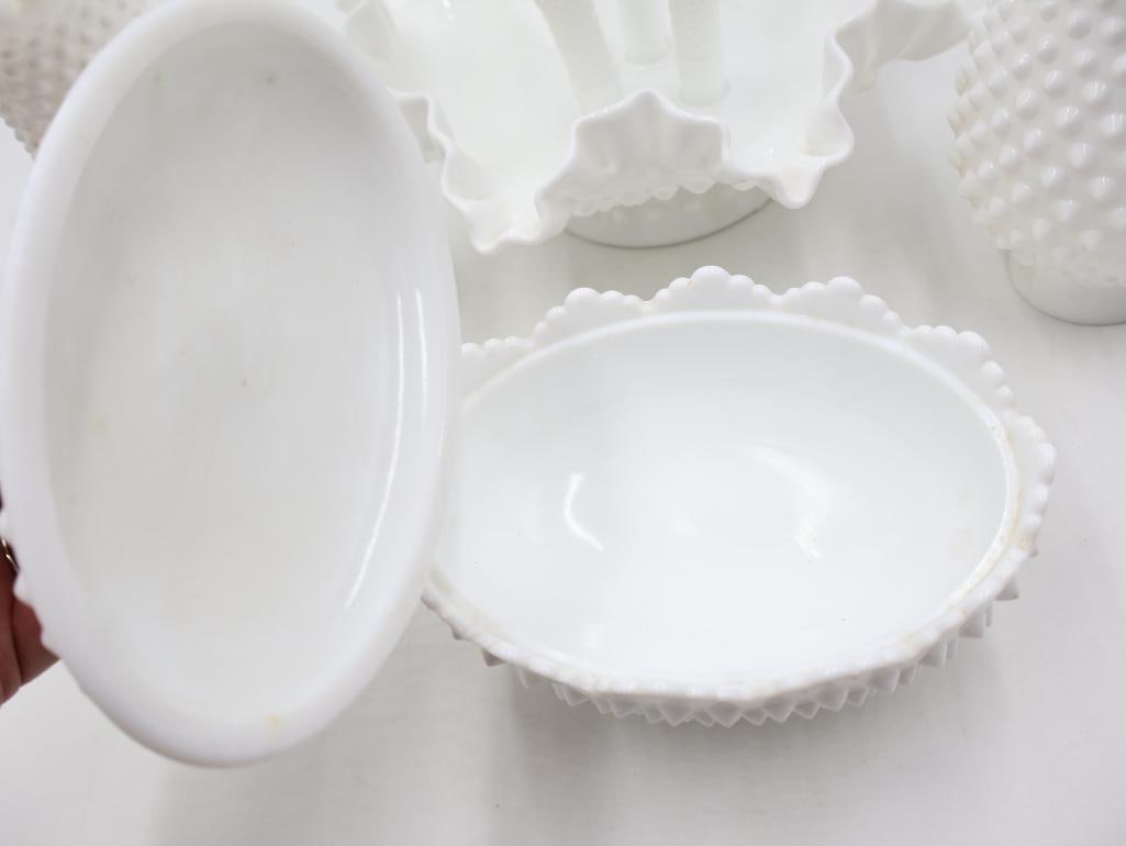 Vintage Fenton Style White Milk Glass Hobnail Epergne and Vase Collection - 3