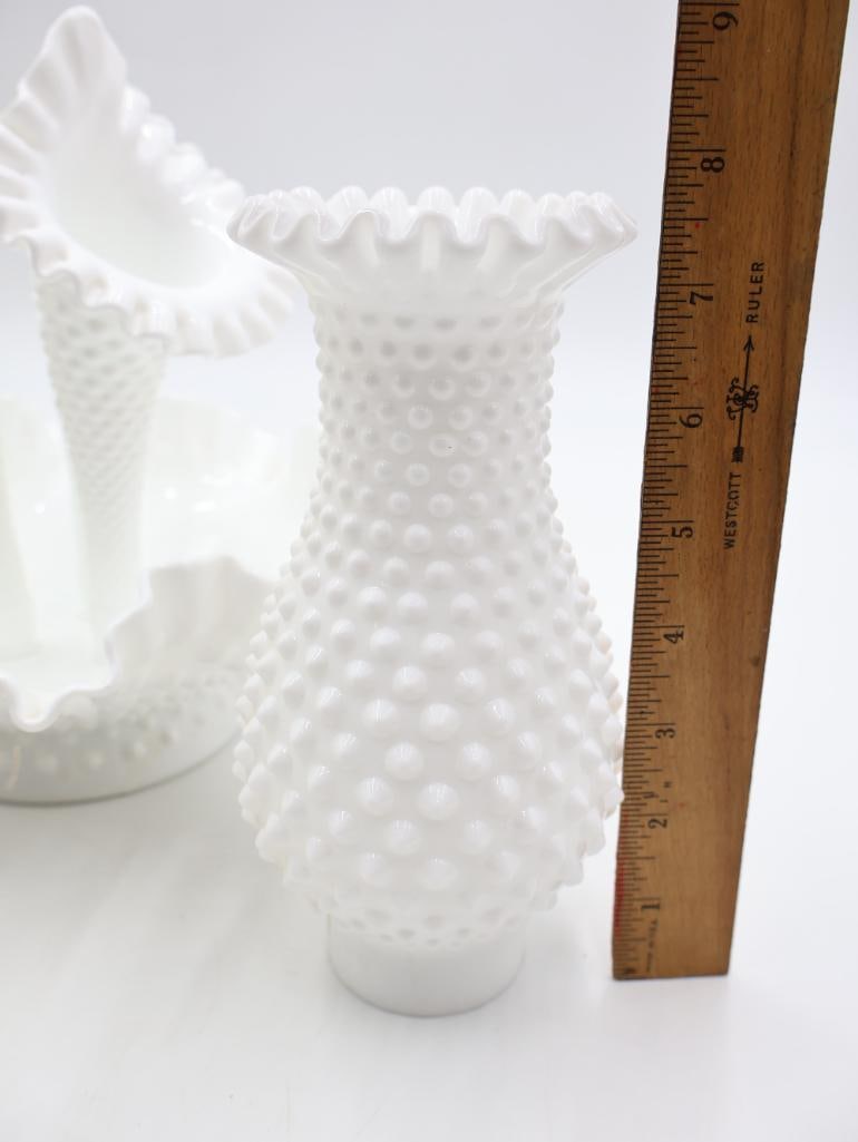 Vintage Fenton Style White Milk Glass Hobnail Epergne and Vase Collection - 5