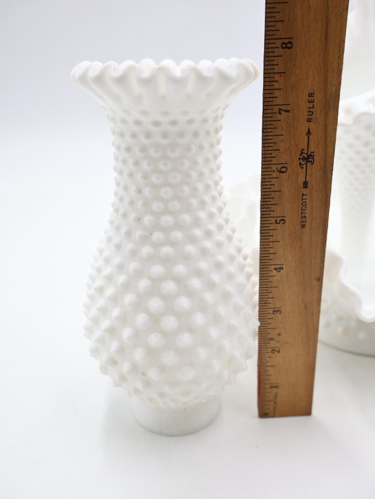 Vintage Fenton Style White Milk Glass Hobnail Epergne and Vase Collection - 6
