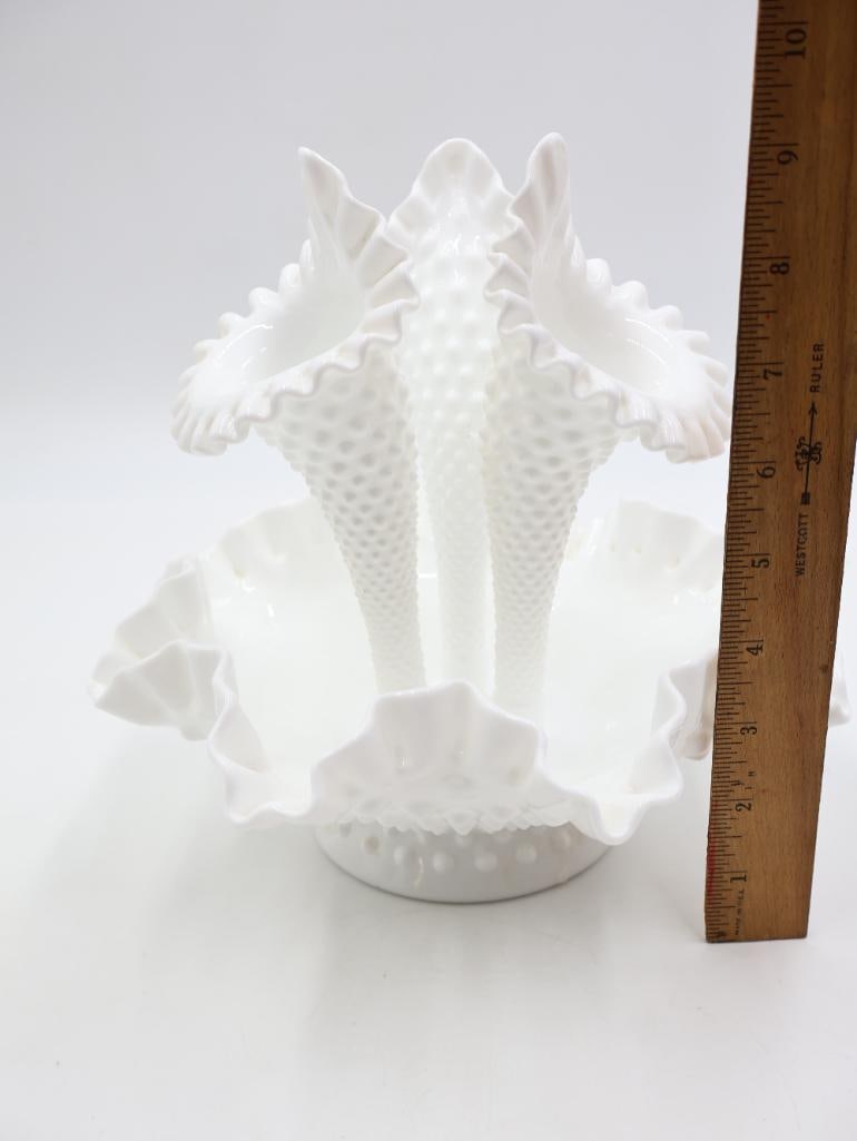 Vintage Fenton Style White Milk Glass Hobnail Epergne and Vase Collection - 9