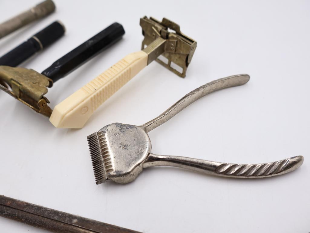 Collection of Antique and Vintage Hair Curling Irons, Razors & Barber Tools - 14