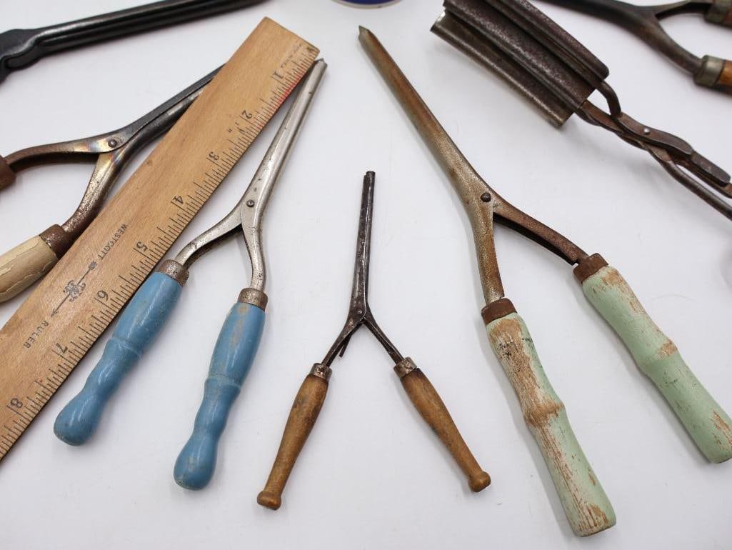Collection of Antique and Vintage Hair Curling Irons, Razors & Barber Tools - 2