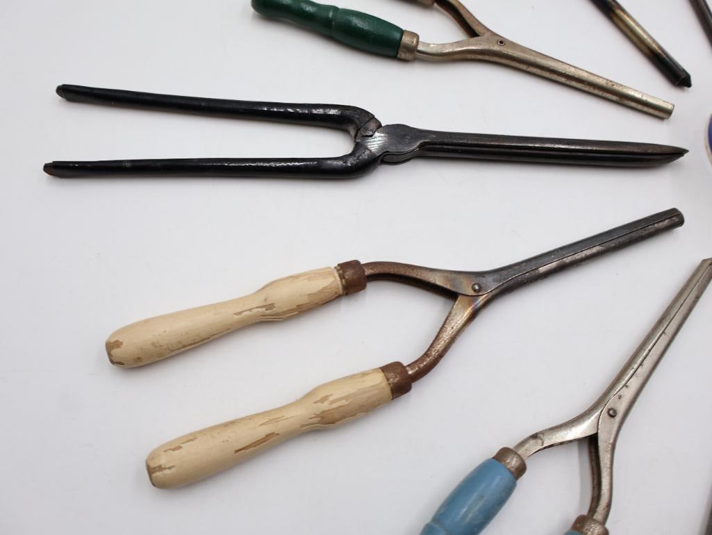 Collection of Antique and Vintage Hair Curling Irons, Razors & Barber Tools - 3