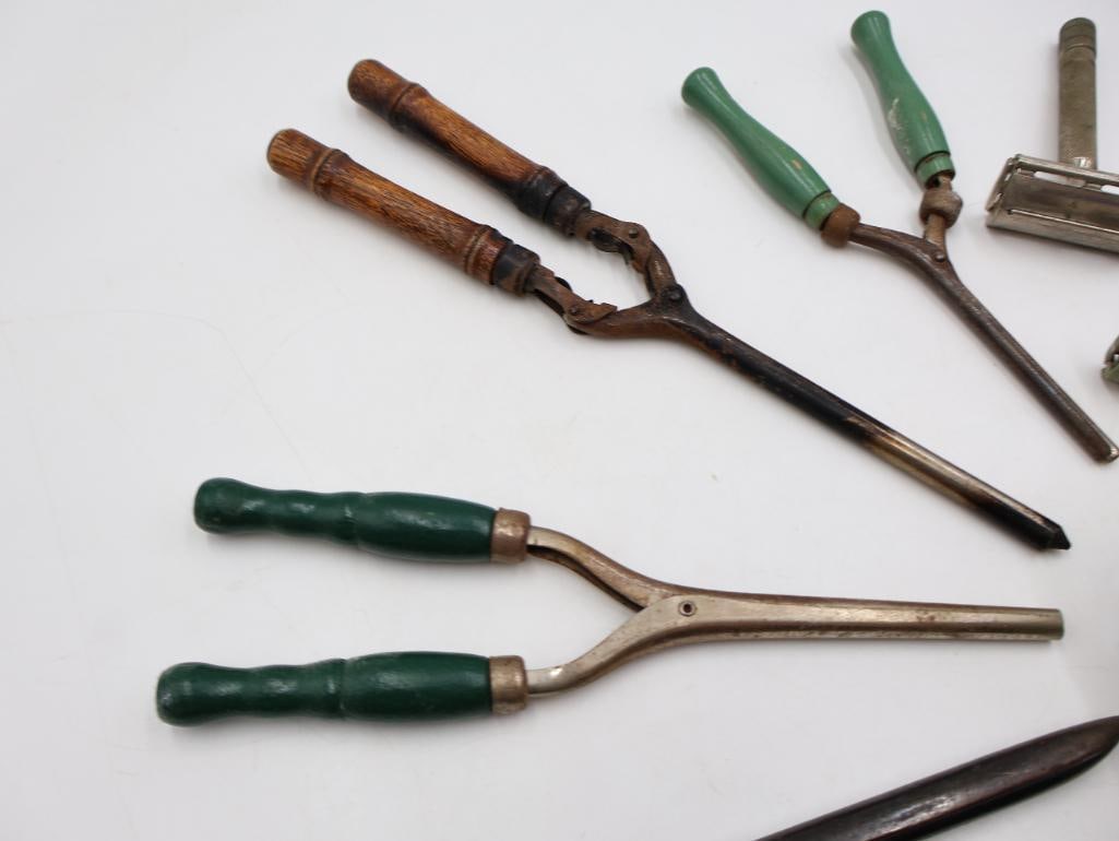 Collection of Antique and Vintage Hair Curling Irons, Razors & Barber Tools - 4