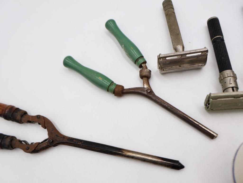 Collection of Antique and Vintage Hair Curling Irons, Razors & Barber Tools - 6