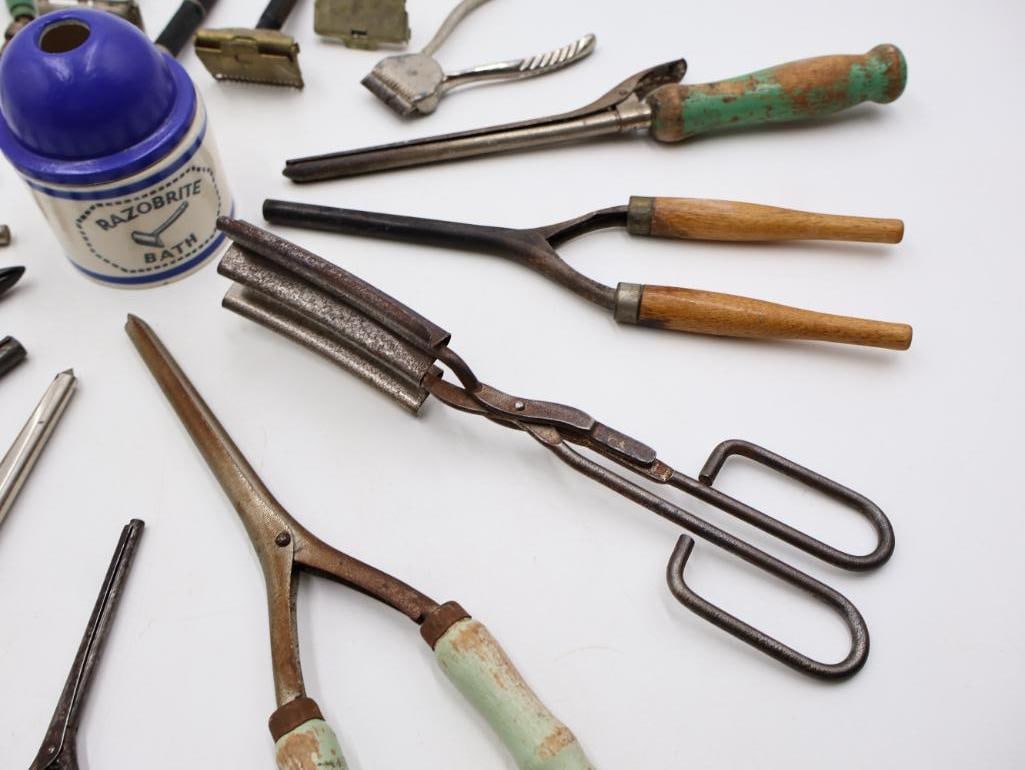 Collection of Antique and Vintage Hair Curling Irons, Razors & Barber Tools - 7