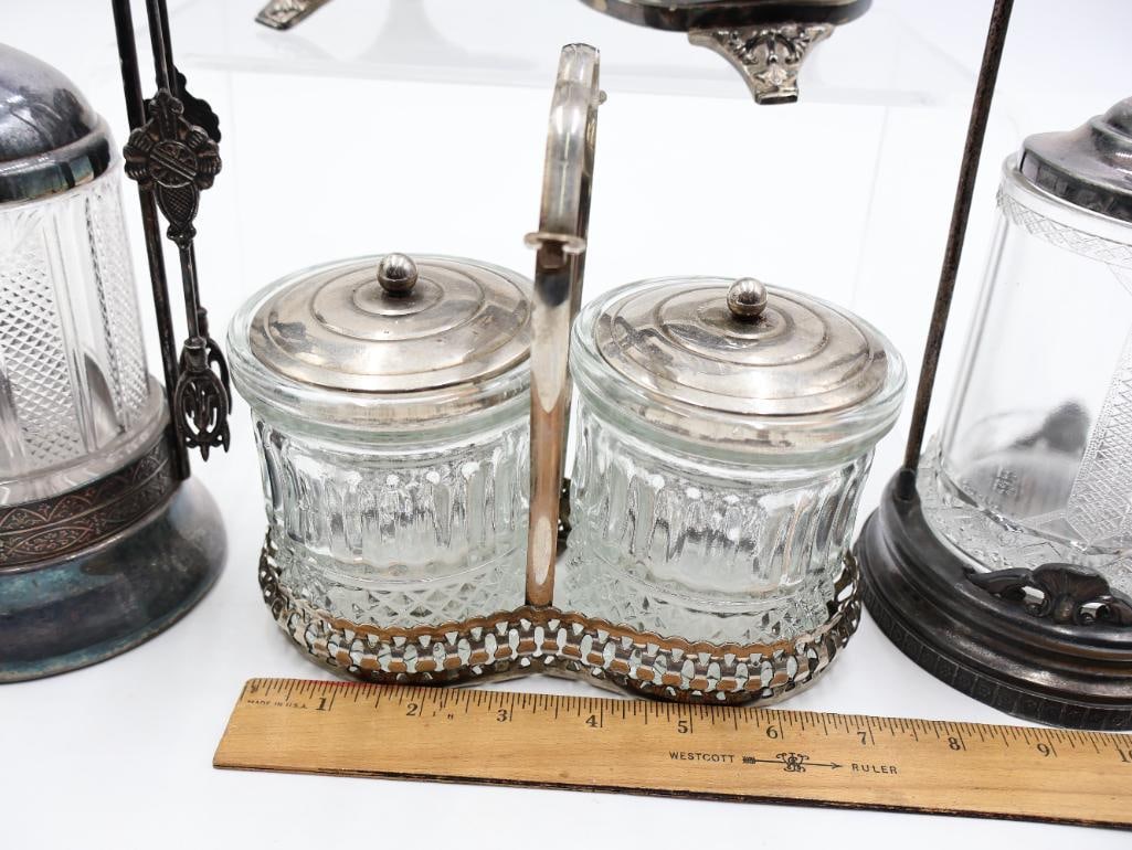 Collection of Antique Silverplate and Cut Glass Condiment Cruet Sets - 2