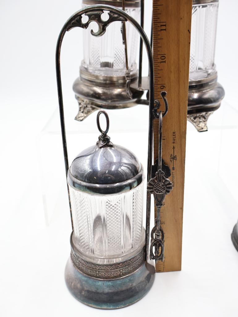 Collection of Antique Silverplate and Cut Glass Condiment Cruet Sets - 6