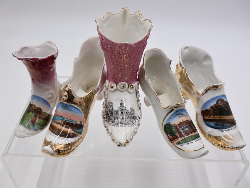 Antique Porcelain Shoe Vases, Half Doll and Glass Perfume Bottles - 12