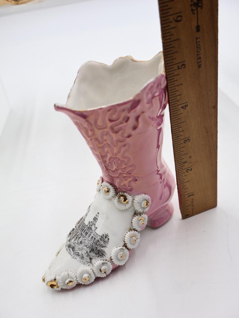 Antique Porcelain Shoe Vases, Half Doll and Glass Perfume Bottles - 13