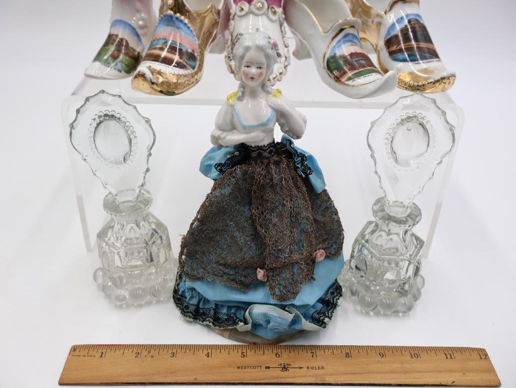 Antique Porcelain Shoe Vases, Half Doll and Glass Perfume Bottles - 2