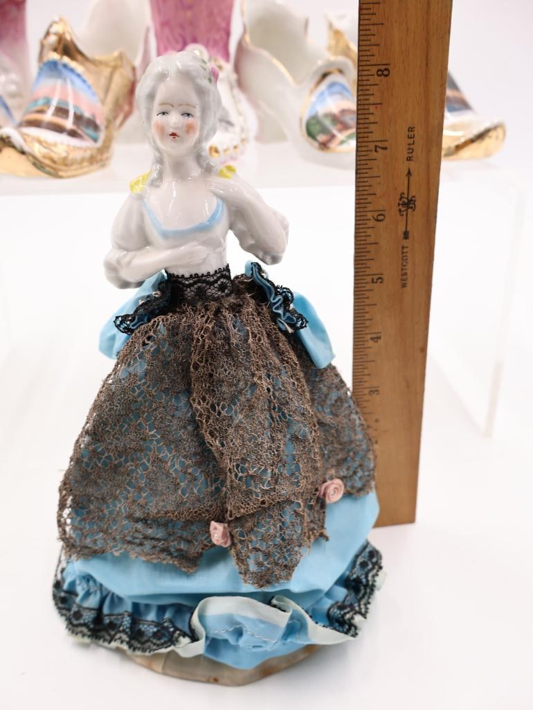 Antique Porcelain Shoe Vases, Half Doll and Glass Perfume Bottles - 6