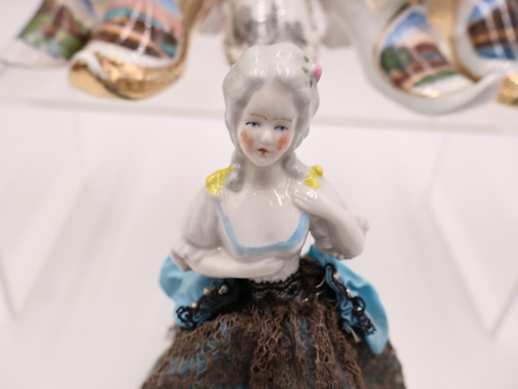 Antique Porcelain Shoe Vases, Half Doll and Glass Perfume Bottles - 7