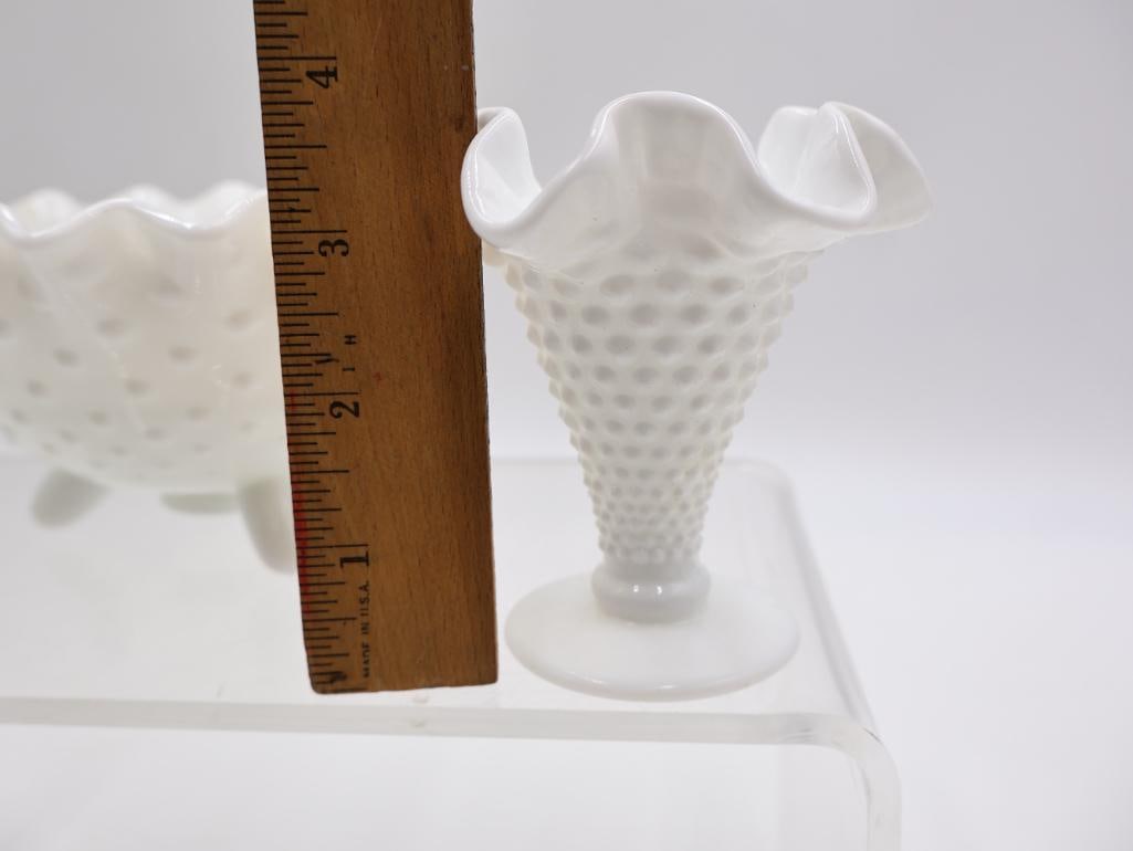 Collection of Vintage White Milk Glass Hobnail Ruffled Vases and Bowls - 10