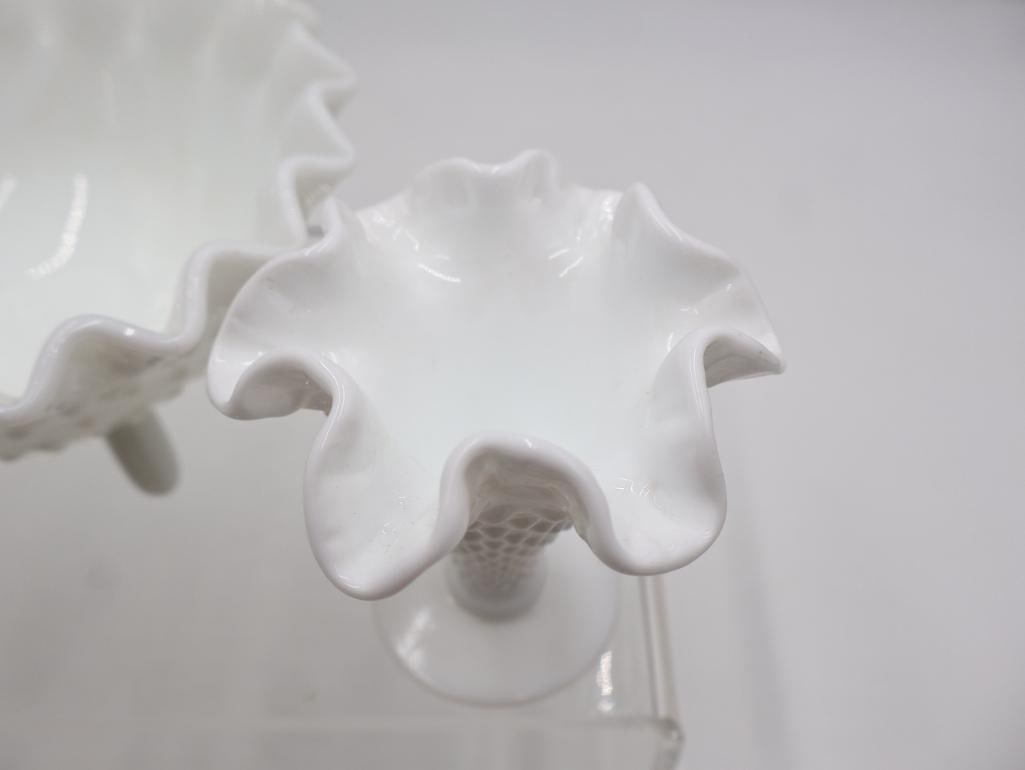 Collection of Vintage White Milk Glass Hobnail Ruffled Vases and Bowls - 11