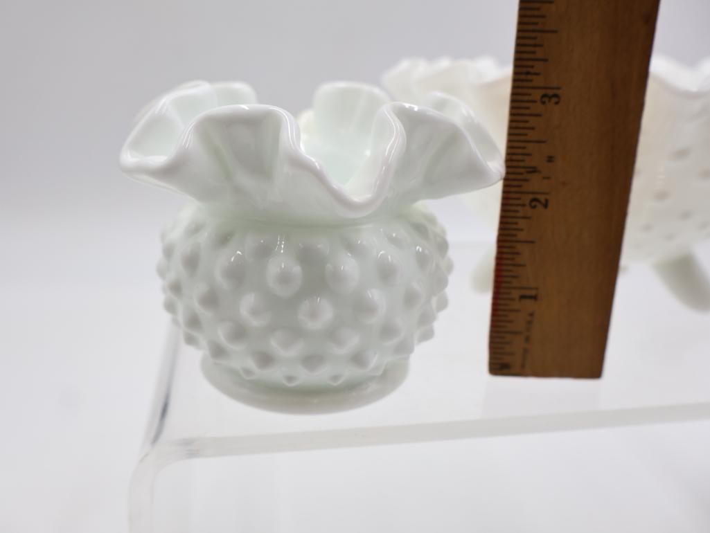 Collection of Vintage White Milk Glass Hobnail Ruffled Vases and Bowls - 13