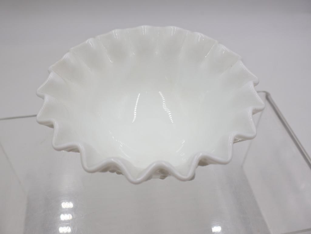 Collection of Vintage White Milk Glass Hobnail Ruffled Vases and Bowls - 16