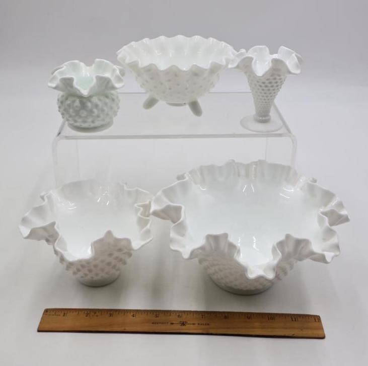 Collection of Vintage White Milk Glass Hobnail Ruffled Vases and Bowls - 2