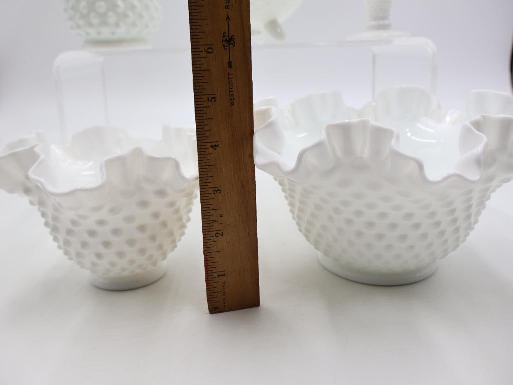 Collection of Vintage White Milk Glass Hobnail Ruffled Vases and Bowls - 3