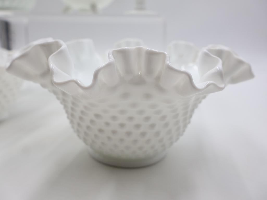 Collection of Vintage White Milk Glass Hobnail Ruffled Vases and Bowls - 4