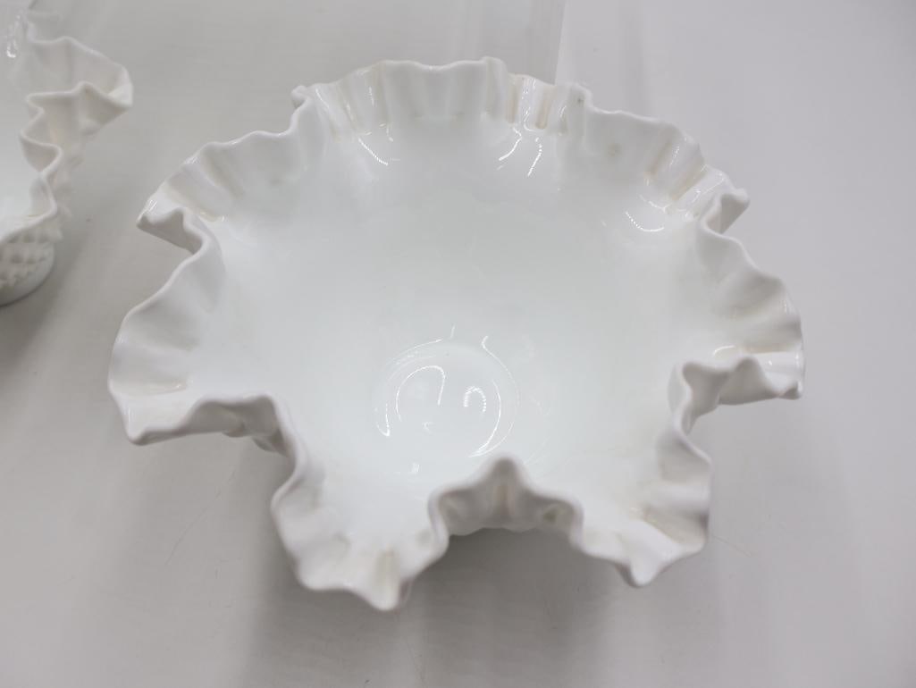 Collection of Vintage White Milk Glass Hobnail Ruffled Vases and Bowls - 5