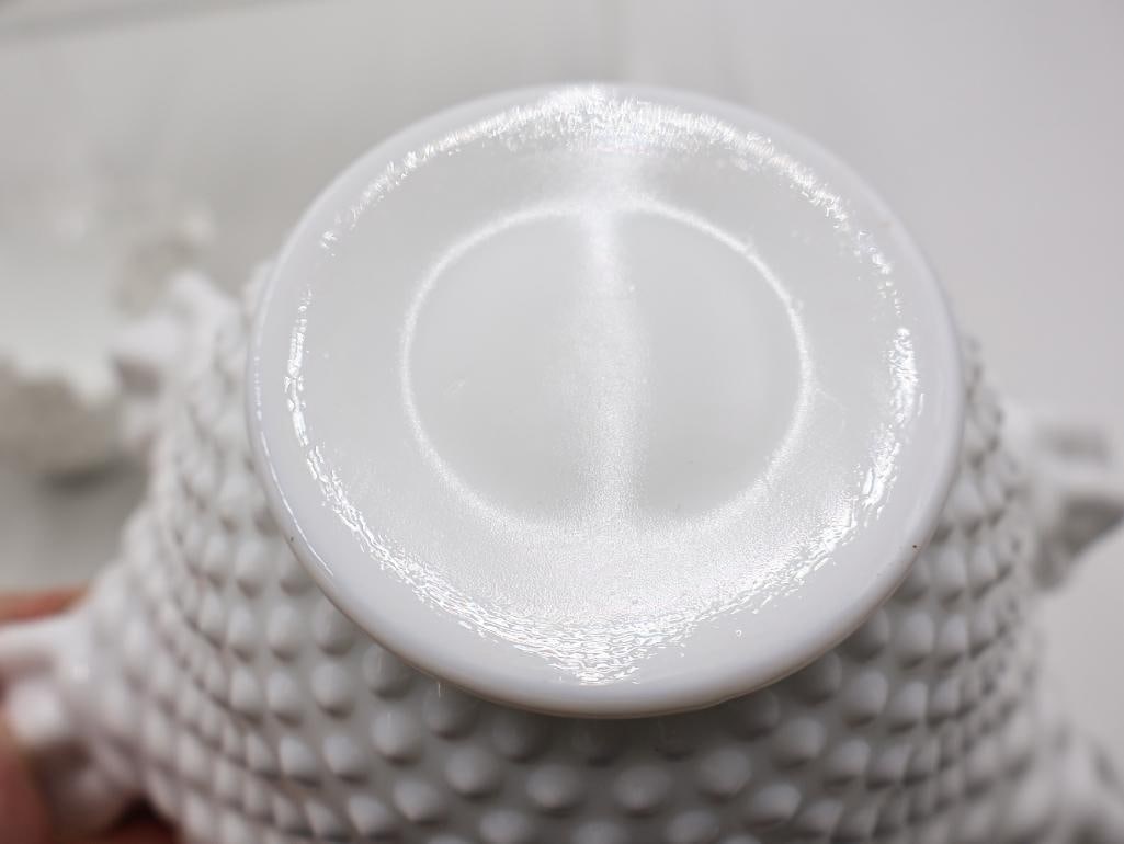 Collection of Vintage White Milk Glass Hobnail Ruffled Vases and Bowls - 6