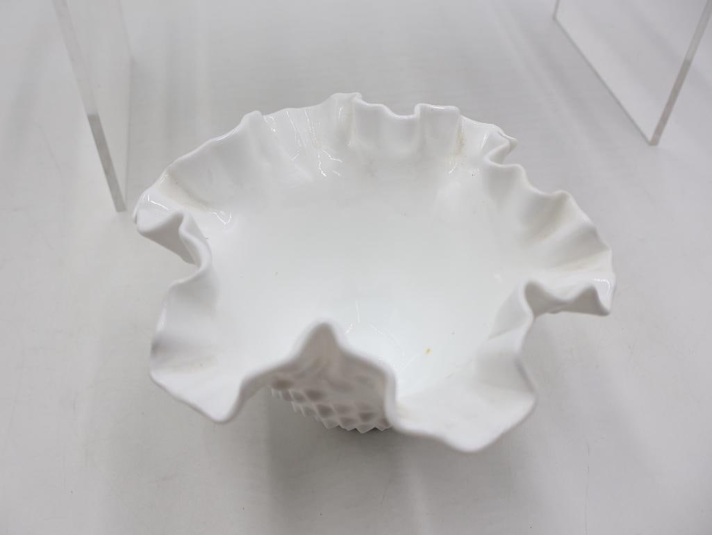 Collection of Vintage White Milk Glass Hobnail Ruffled Vases and Bowls - 7