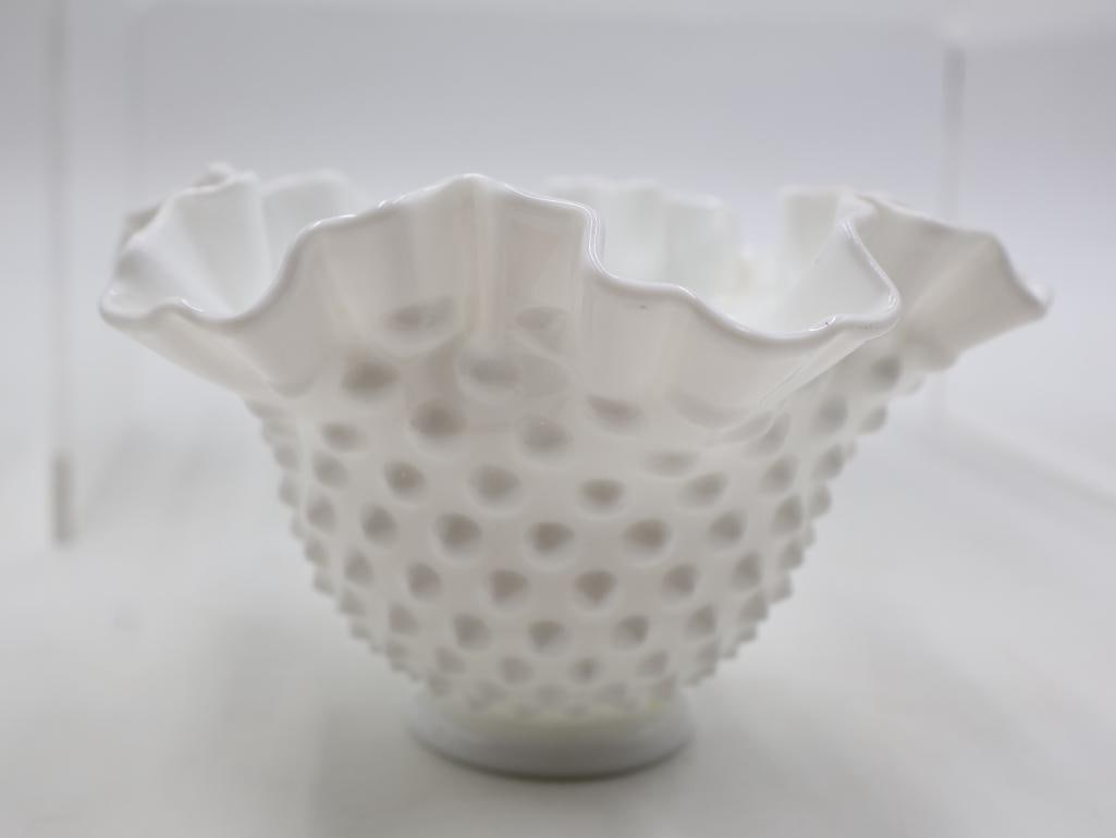 Collection of Vintage White Milk Glass Hobnail Ruffled Vases and Bowls - 8