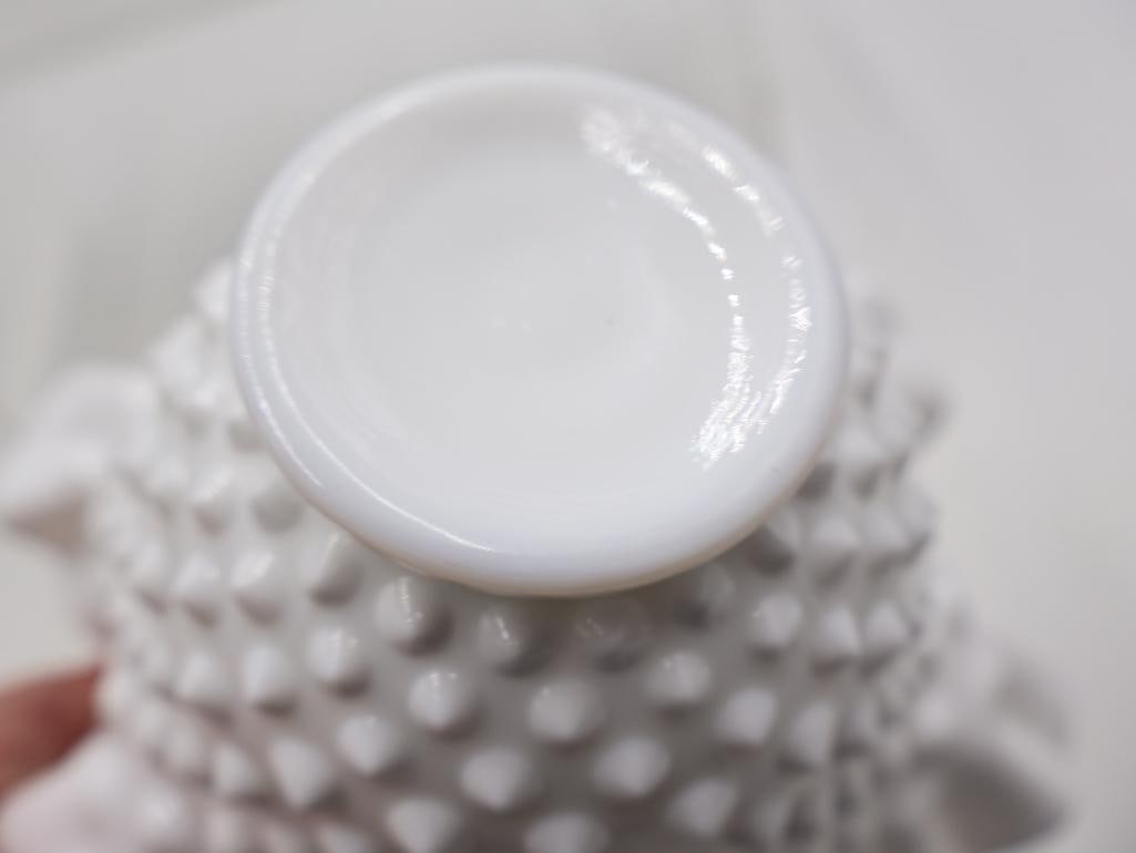 Collection of Vintage White Milk Glass Hobnail Ruffled Vases and Bowls - 9