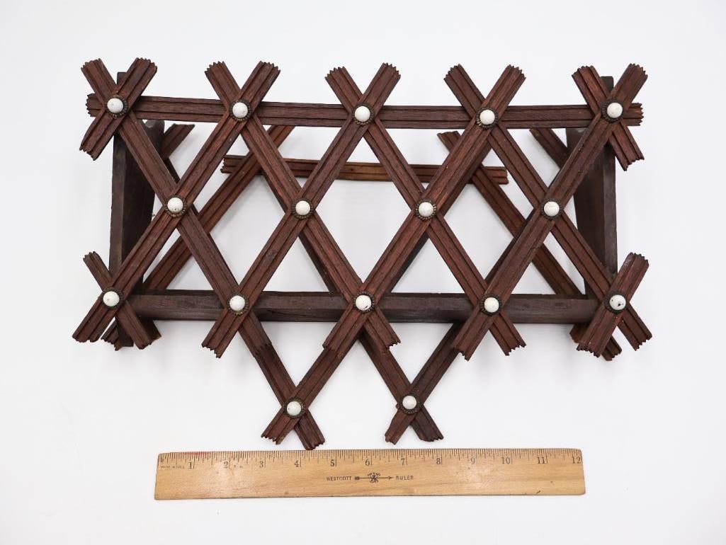 Three Victorian Antique Tramp Art Wooden Accordion Peg Wall Pockets - 2