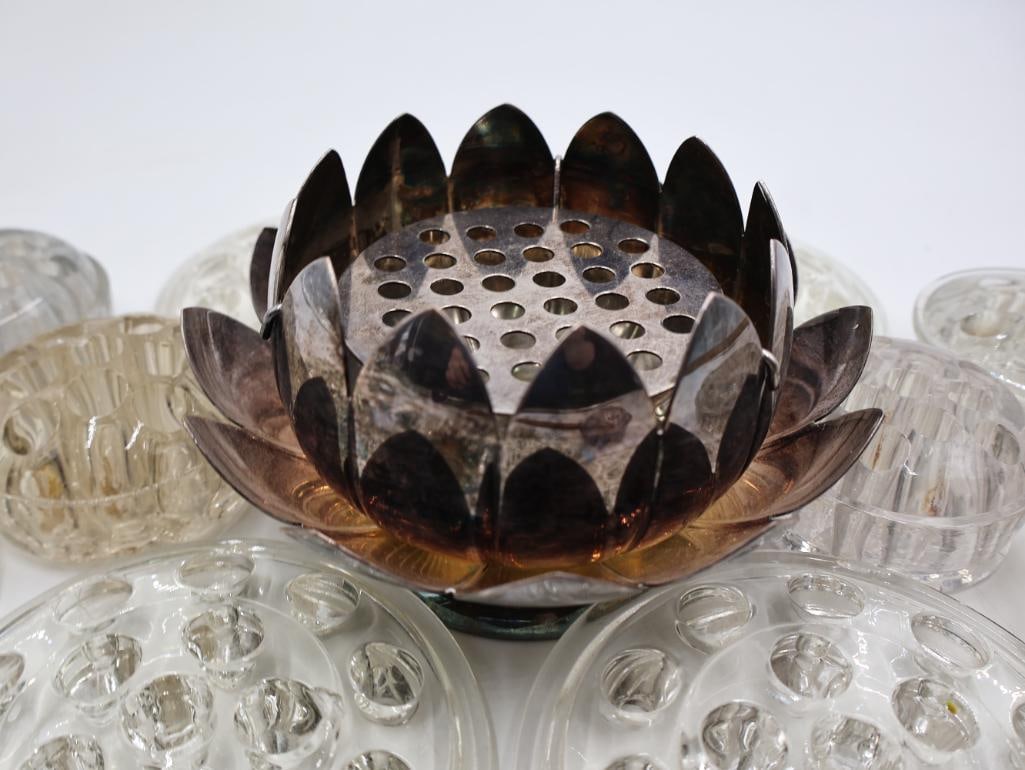 Collection of Vintage Glass Flower Frogs and Silver Plate Flower Frog - 12