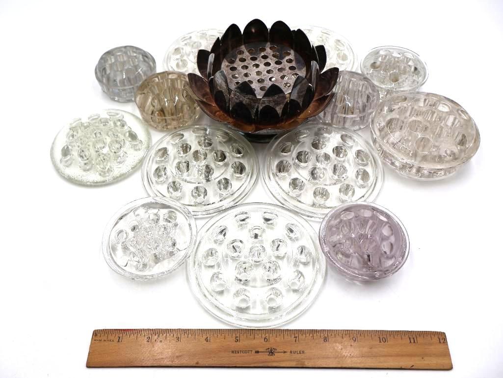 Collection of Vintage Glass Flower Frogs and Silver Plate Flower Frog - 2