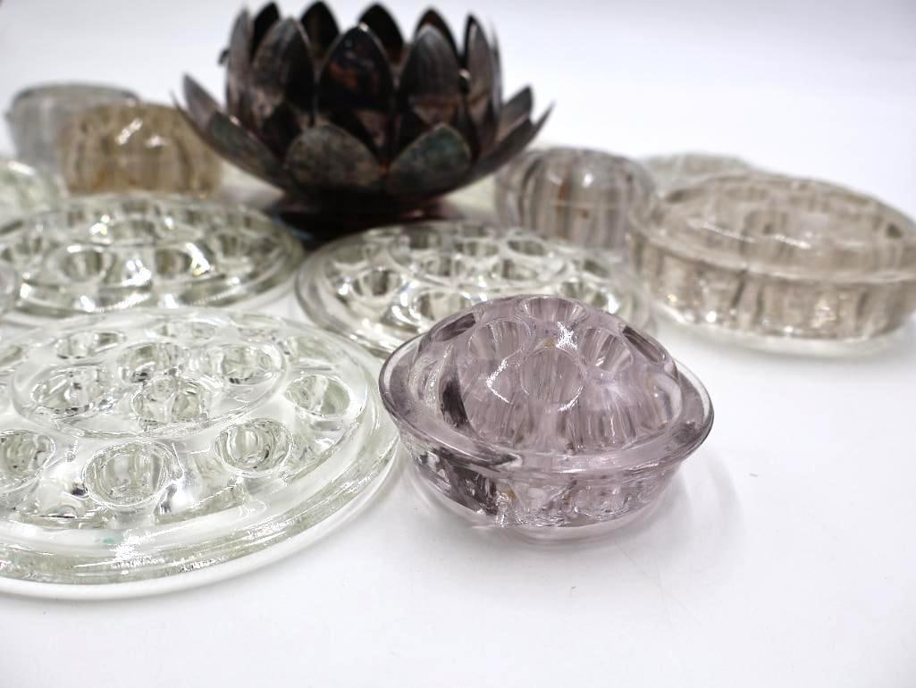Collection of Vintage Glass Flower Frogs and Silver Plate Flower Frog - 3