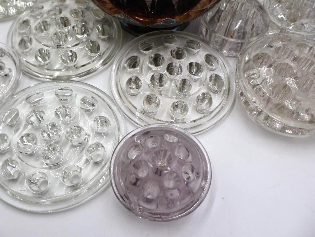 Collection of Vintage Glass Flower Frogs and Silver Plate Flower Frog - 6