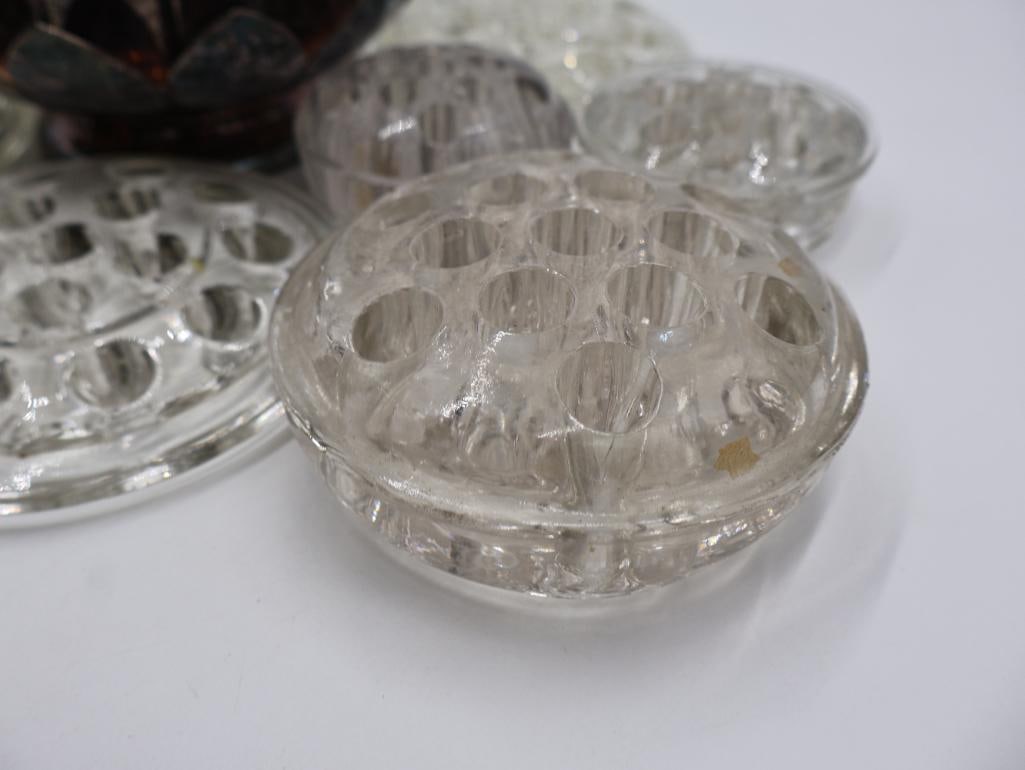 Collection of Vintage Glass Flower Frogs and Silver Plate Flower Frog - 8