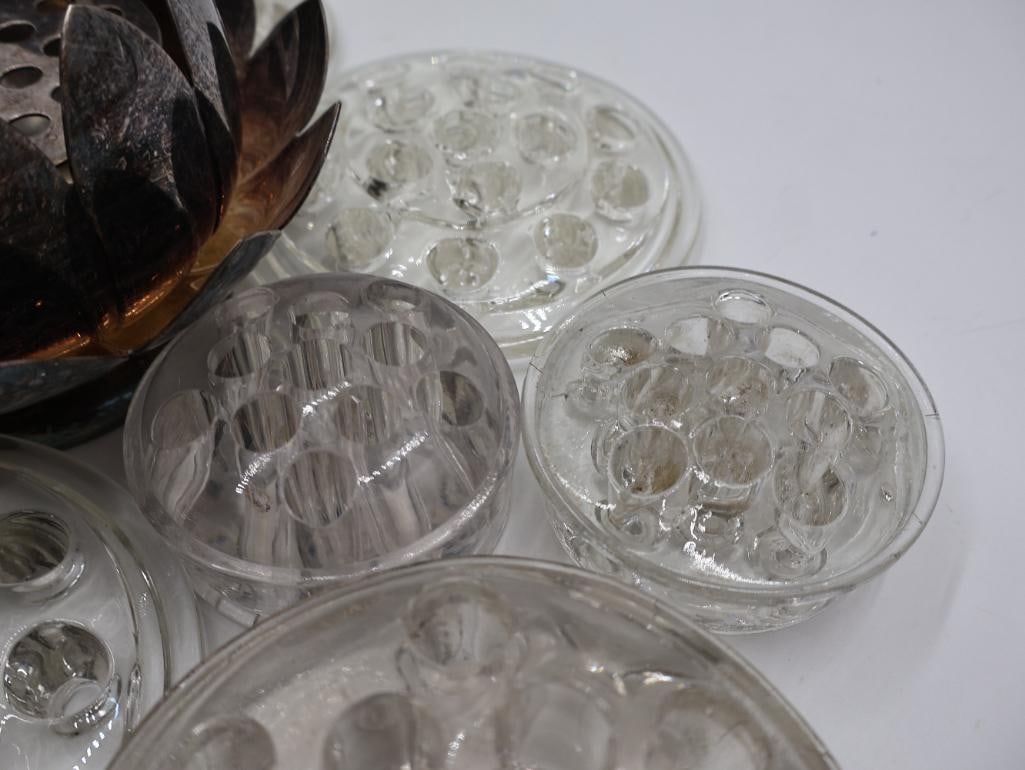 Collection of Vintage Glass Flower Frogs and Silver Plate Flower Frog - 9