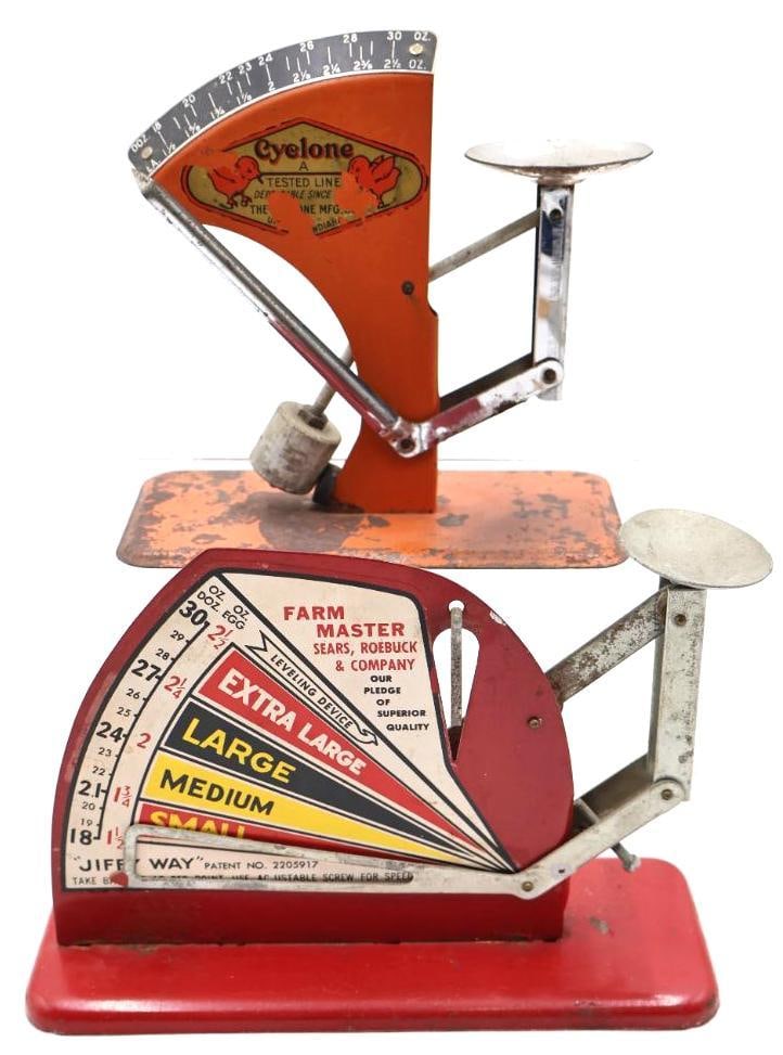 Vintage Farm Master Sears Roebuck Cyclone Egg Grading Scale Poultry Farm Tool: A fantastic piece of vintage poultry-farming equipment with bold red/orange painted metal construction, original graphics and wonderful aged patina. Excellent display piece for collectors of antique f