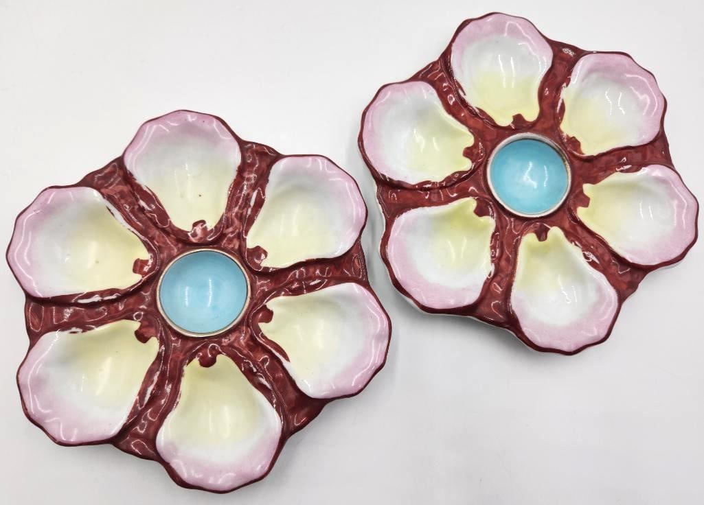 Antique Pair of Oyster Plates: Hand Painted antique pair of oyster plates, no markings on bottom, about 9" across