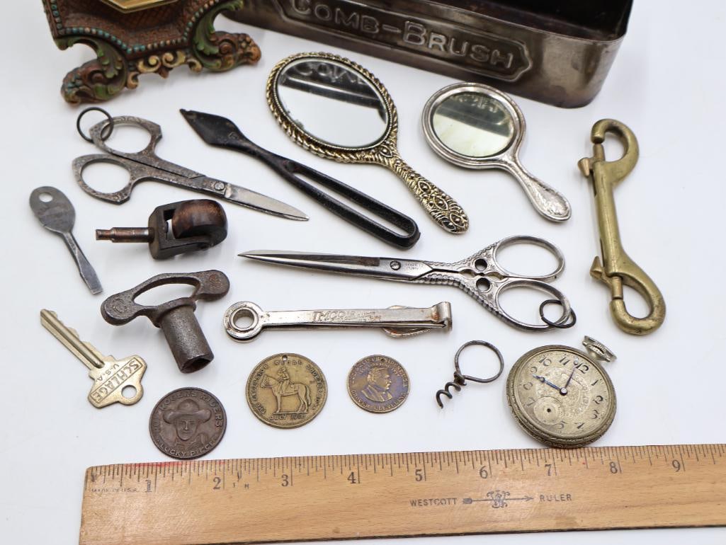Antique and Vintage Curios Lot Stratford Pocket Watch, Advertising Tokens, Clock & Vanity Items - 2