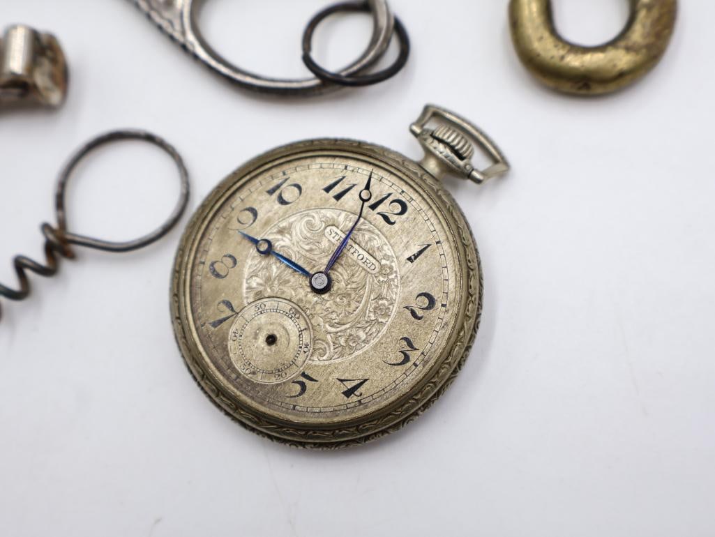 Antique and Vintage Curios Lot Stratford Pocket Watch, Advertising Tokens, Clock & Vanity Items - 3