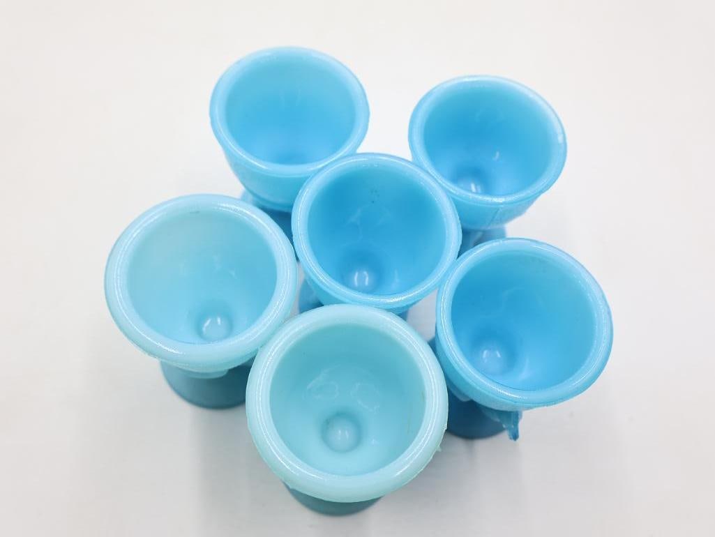 Set of 6 Antique French Portieux Vallerysthal Blue Opaline Glass Chicken Egg Cups - 11