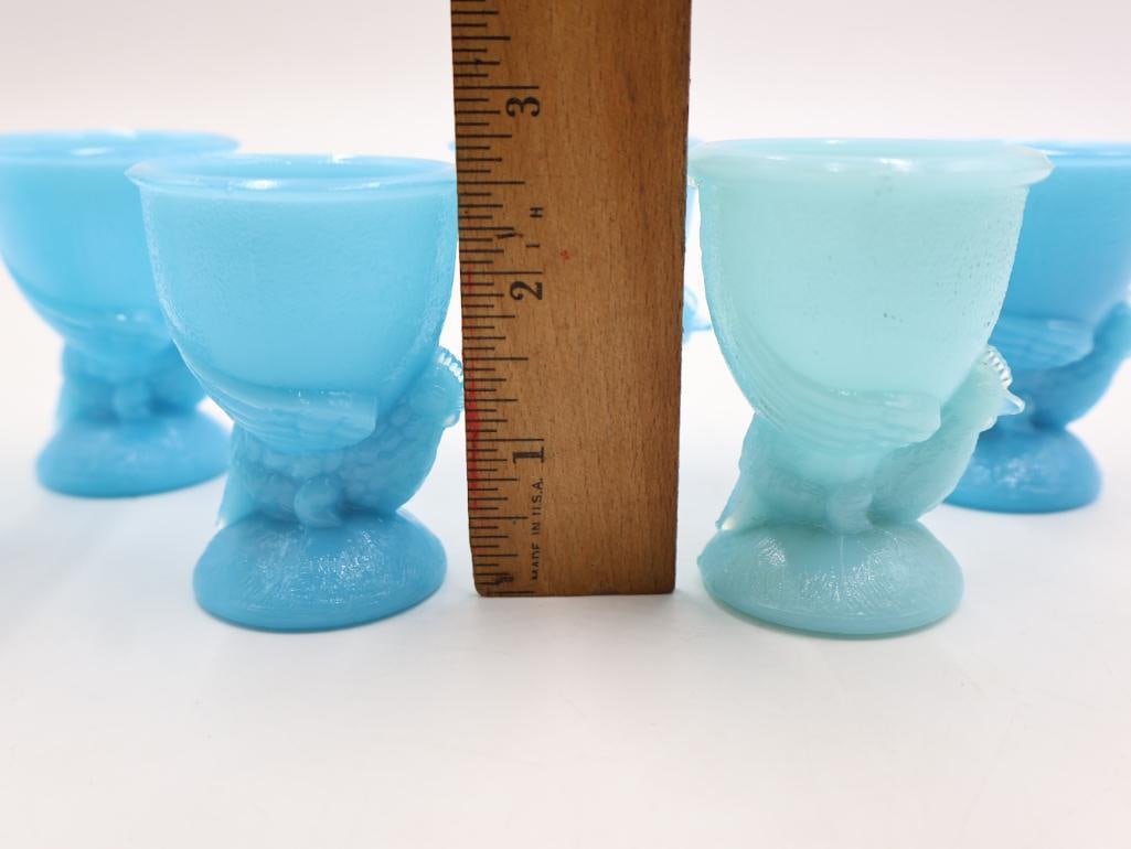Set of 6 Antique French Portieux Vallerysthal Blue Opaline Glass Chicken Egg Cups - 2